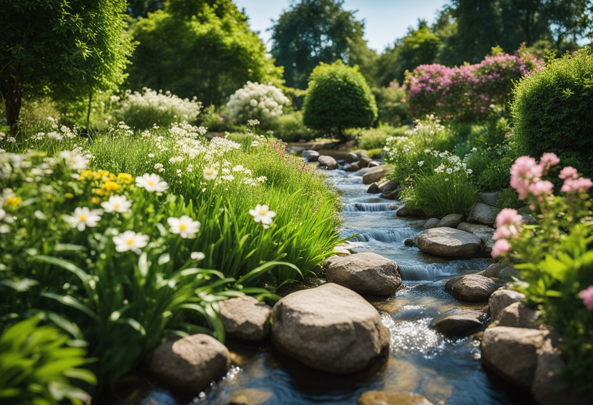 A serene garden with a flowing stream, surrounded by blooming flowers and lush greenery, under a clear blue sky