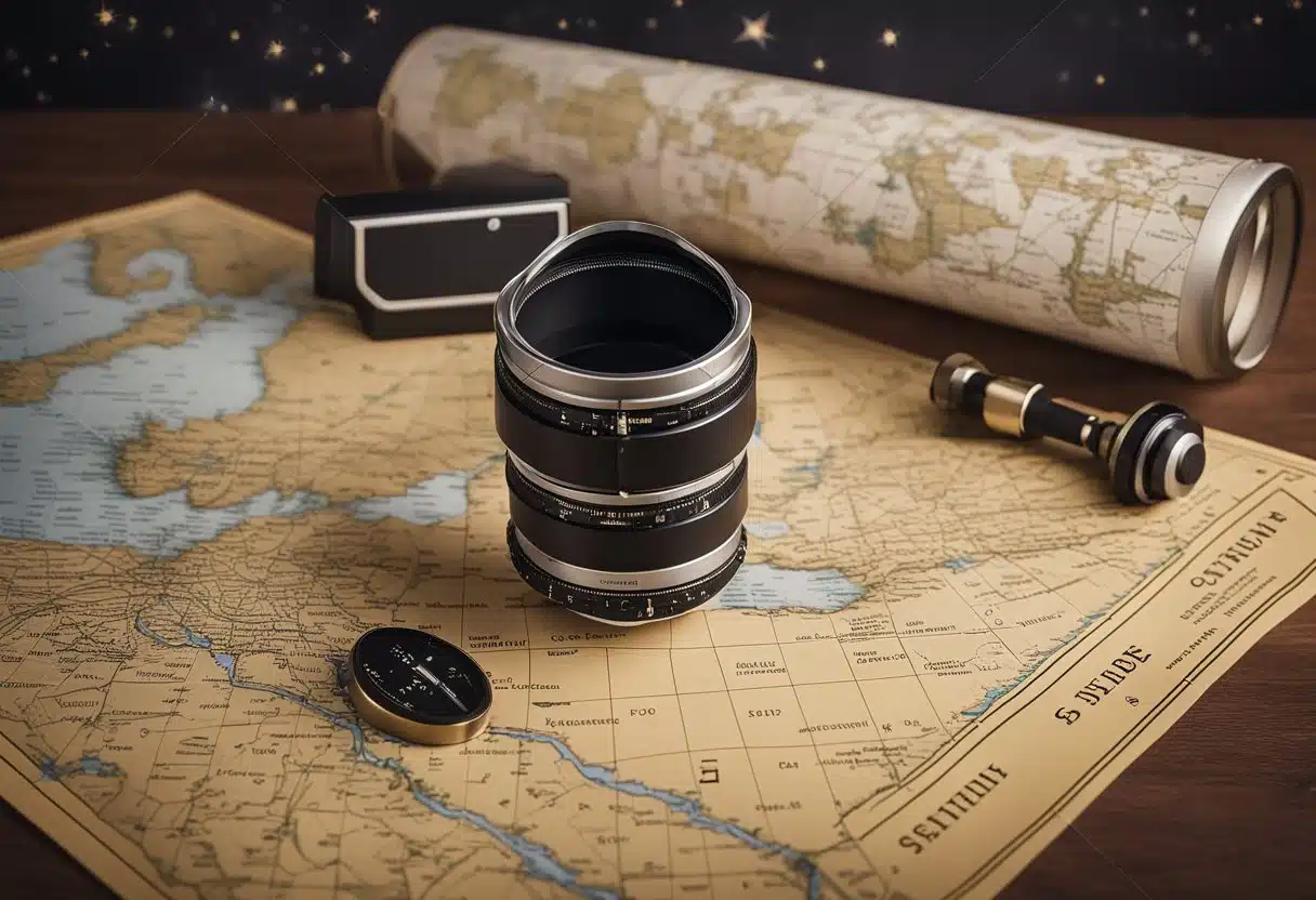 A telescope points towards a starry sky, while a map of constellations and technical tools lay on a desk