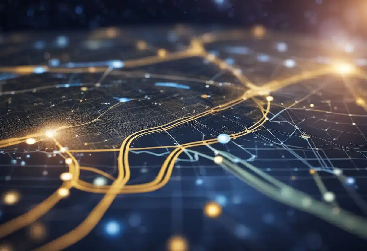 A map of astrocartography with celestial bodies and lines connecting them