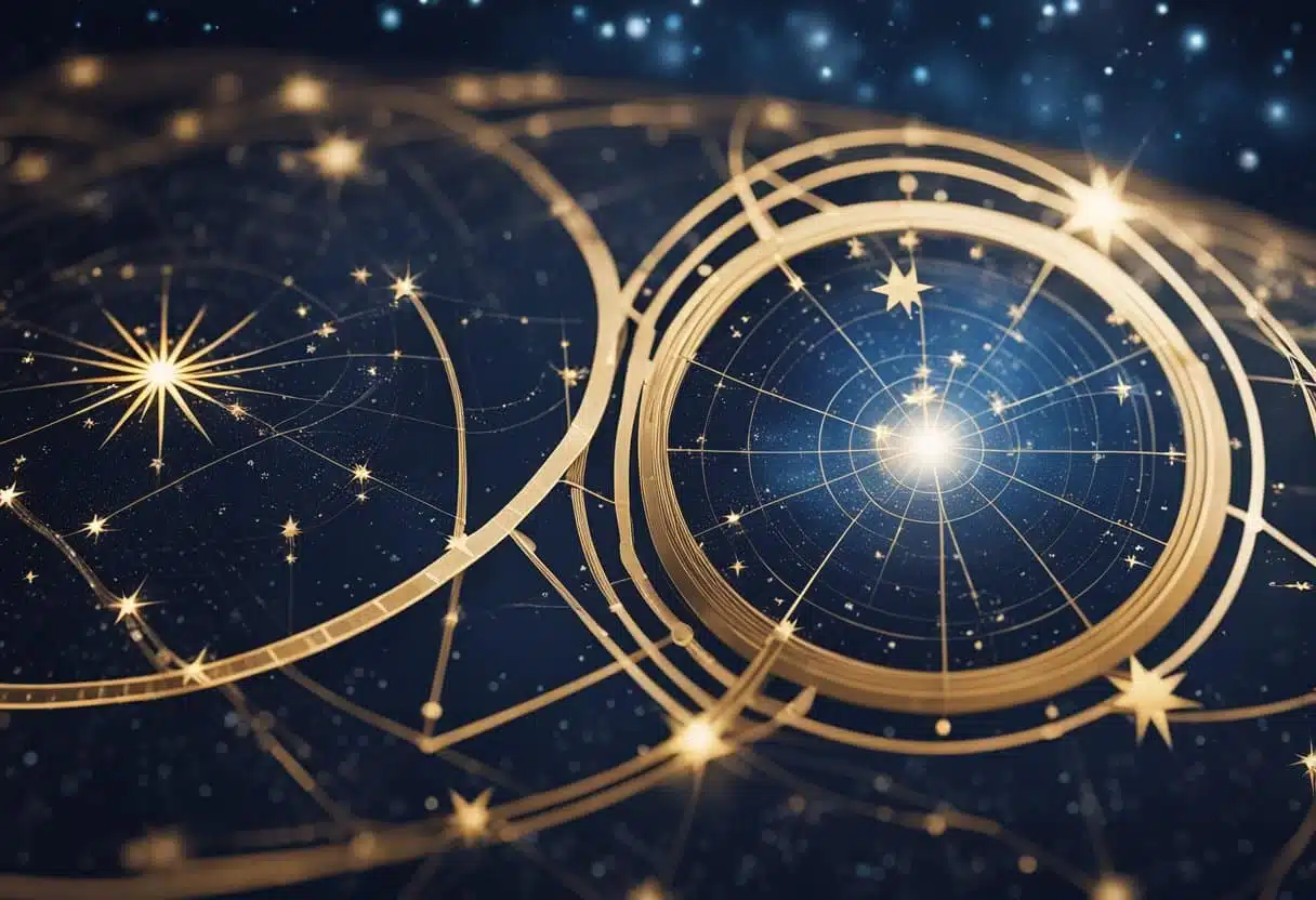 A starry sky with planetary lines intersecting on a map, showing astrocartography elements