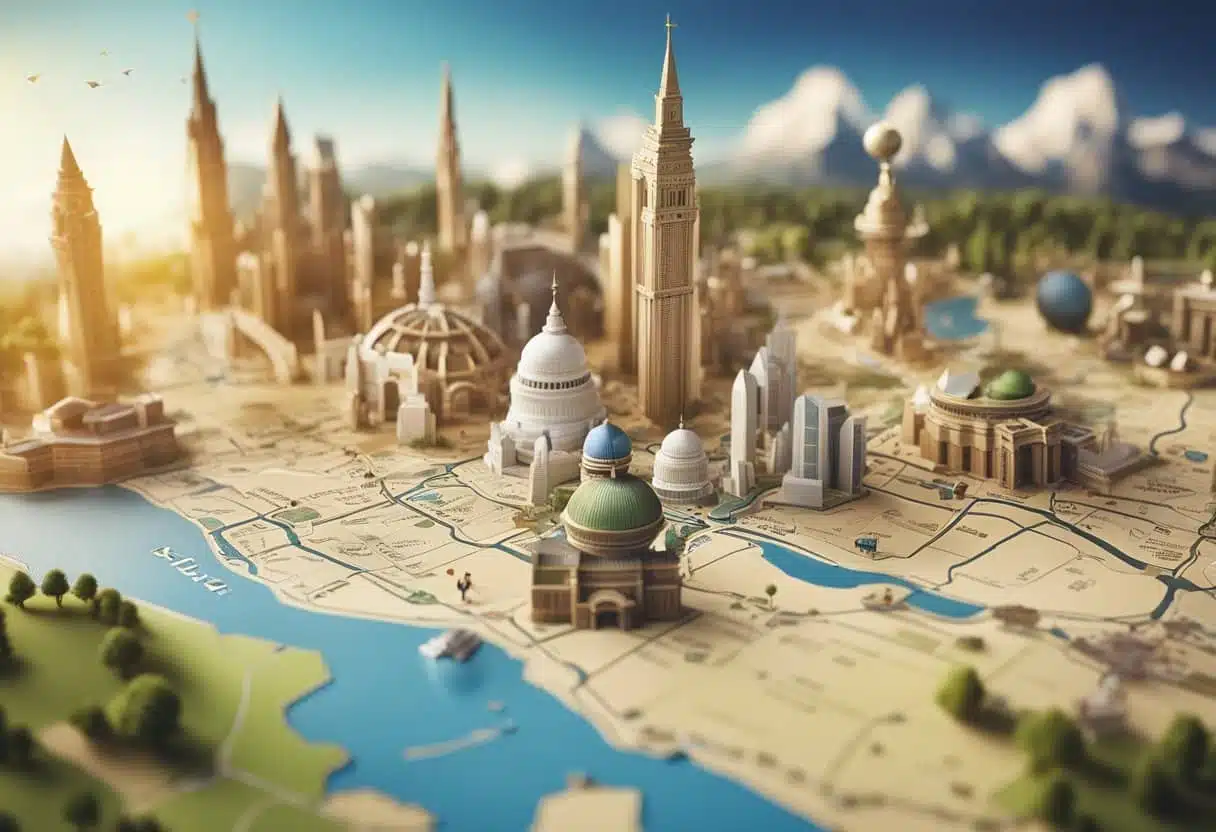 A map with cultural symbols and geographic landmarks, representing astrocartography