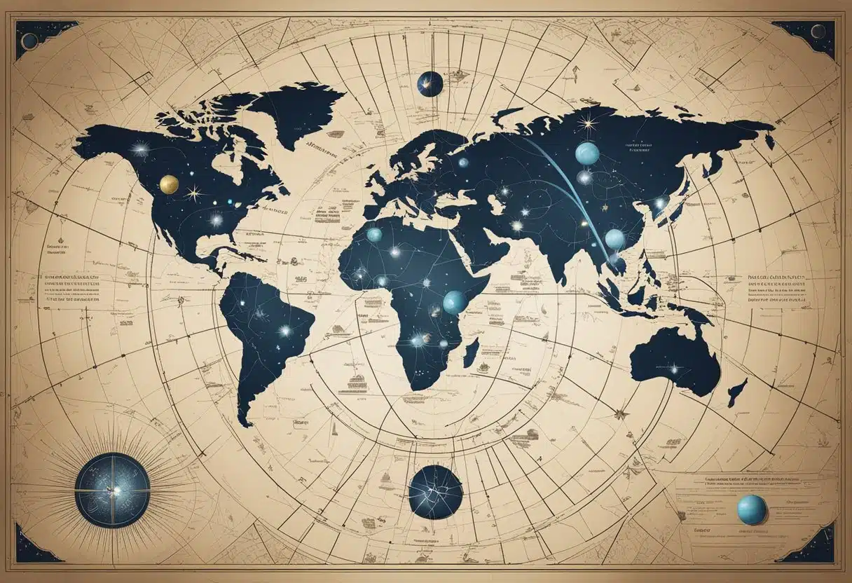 A map of the world with highlighted astrological lines and symbols, surrounded by celestial bodies and constellations