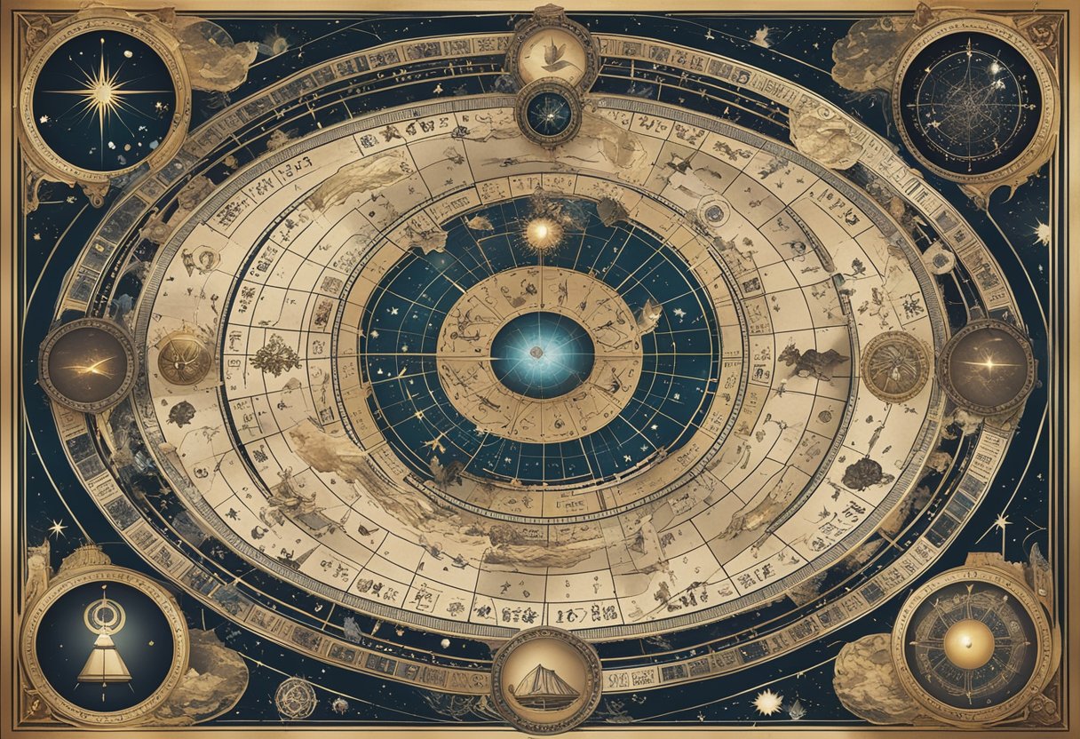 A celestial map with zodiac symbols and constellations, surrounded by mystical elements like crystals and tarot cards