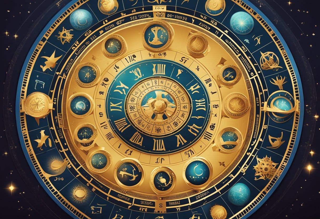 A colorful zodiac wheel with astrological symbols and monthly predictions displayed in each sign's section