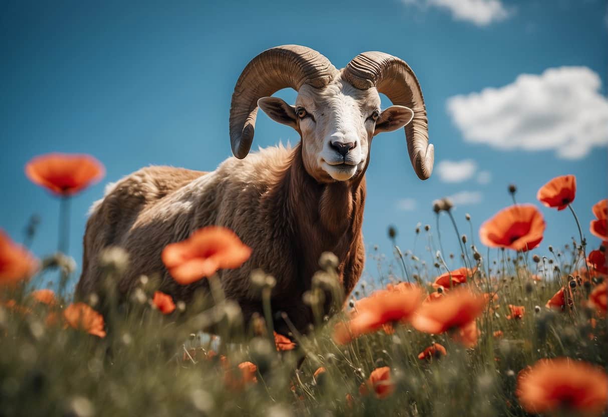 Aries horoscope for March 2024: A ram charging through a field of vibrant red poppies under a clear blue sky